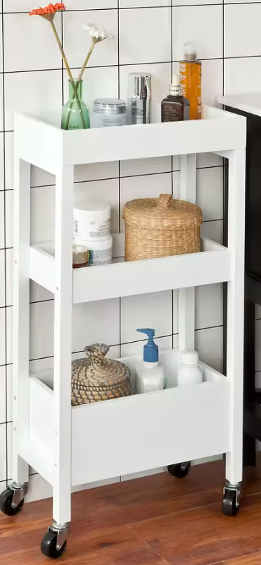 Smalle Witte Keukentrolley met 3 Niveaus en Wielen – MDF & Grenen, 21 cm Breed
