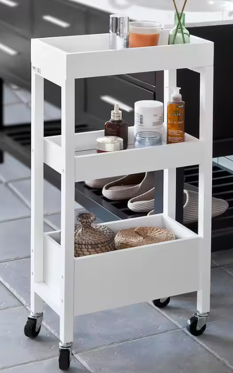 Smalle Witte Keukentrolley met 3 Niveaus en Wielen – MDF & Grenen, 21 cm Breed