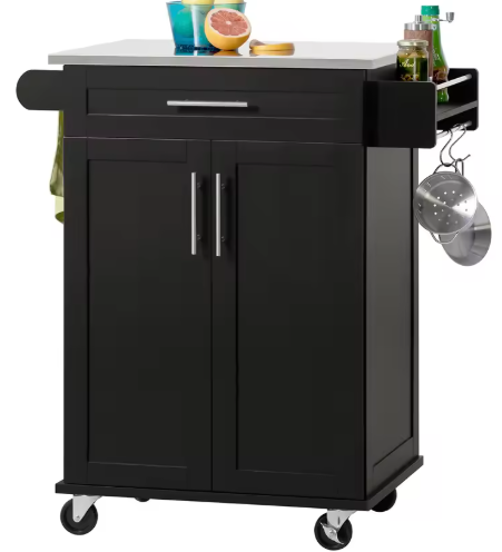 Zwarte Keukentrolley met RVS Blad, Kast & Lade – Op Wielen