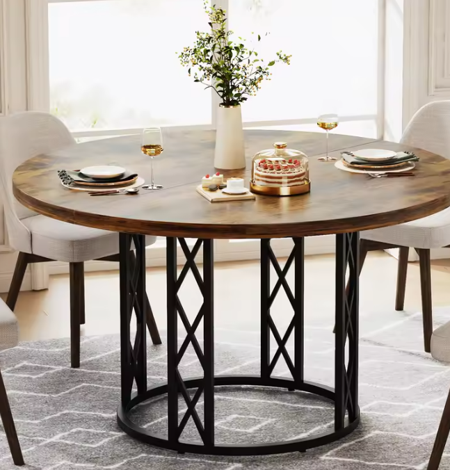 Ronde Industriële Eettafel – Ø120 cm, Zandloper Onderstel, Voor 4–6 Personen