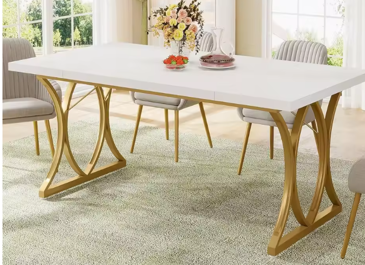 Moderne Eettafel voor 6 Personen – Rechthoekig, Goudkleurige Poten