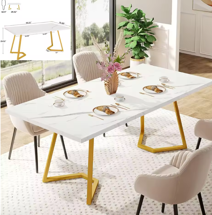 Moderne Eettafel voor 6 Personen – Rechthoekig, Goudkleurige Poten