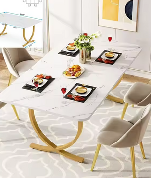 Moderne Eettafel voor 6 Personen – Rechthoekig, Goudkleurige Poten
