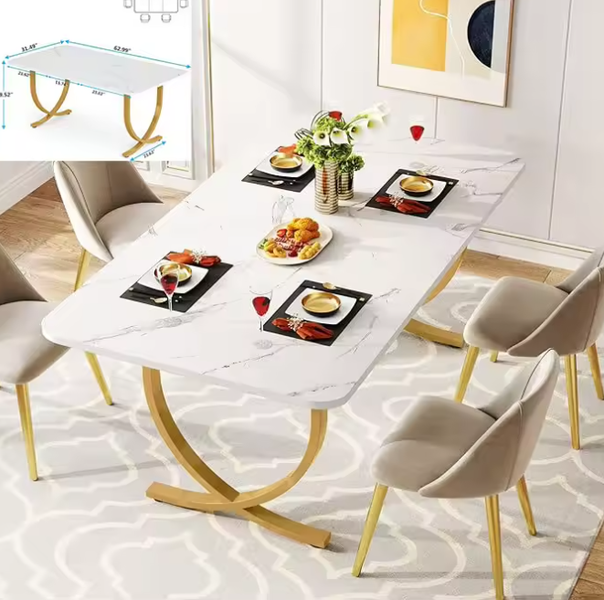 Moderne Eettafel voor 6 Personen – Rechthoekig, Goudkleurige Poten