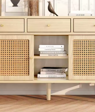 Dressoir met Rotan Deuren & 3 Lades – 120×40×78 cm, Retro Design