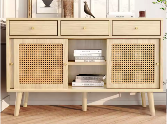 Dressoir met Rotan Deuren & 3 Lades – 120×40×78 cm, Retro Design