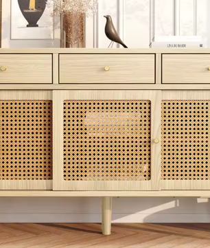 Dressoir met Rotan Deuren & 3 Lades – 120×40×78 cm, Retro Design