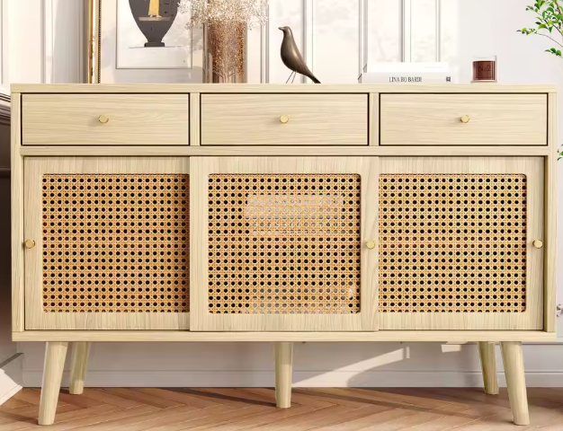 Dressoir met Rotan Deuren & 3 Lades – 120×40×78 cm, Retro Design