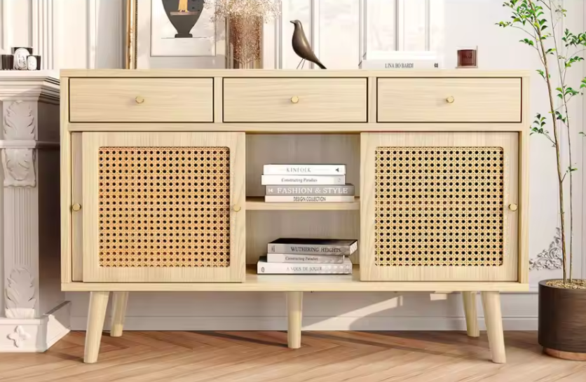 Dressoir met Rotan Deuren & 3 Lades – 120×40×78 cm, Retro Design