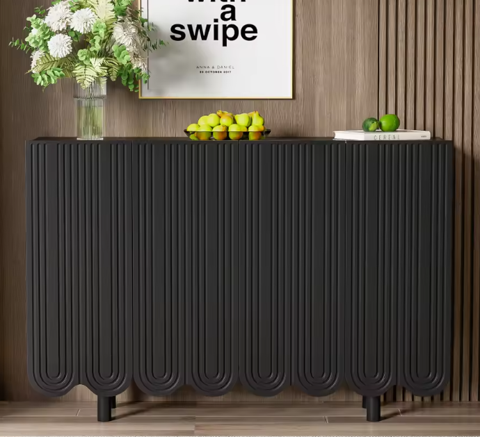 Druppelvormig Dressoir met Houtsnijwerk – Zwart MDF, 120 cm Breed