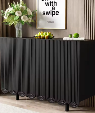 Druppelvormig Dressoir met Houtsnijwerk – Zwart MDF, 120 cm Breed