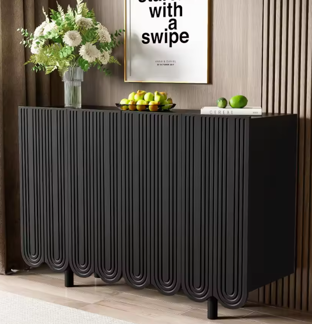 Druppelvormig Dressoir met Houtsnijwerk – Zwart MDF, 120 cm Breed