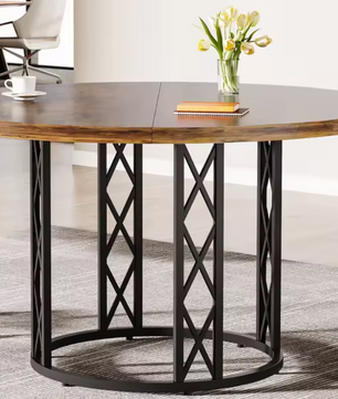 Ronde Eettafel Ø118 cm – Houtlook Tafelblad & Metalen Onderstel, Voor 4–6 Personen