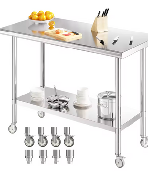 Roestvrijstalen Werktafel op Wielen – Verstelbare Plank, 2-Lagen, Heavy Duty