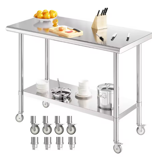 Roestvrijstalen Werktafel op Wielen – Verstelbare Plank, 2-Lagen, Heavy Duty