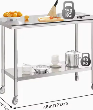 Roestvrijstalen Werktafel op Wielen – Verstelbare Plank, 2-Lagen, Heavy Duty