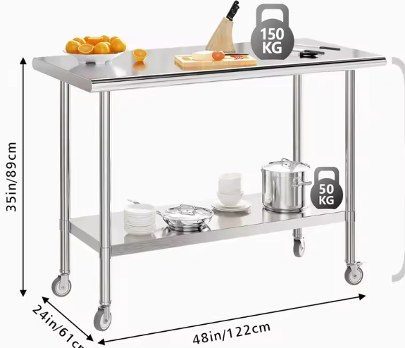 Roestvrijstalen Werktafel op Wielen – Verstelbare Plank, 2-Lagen, Heavy Duty