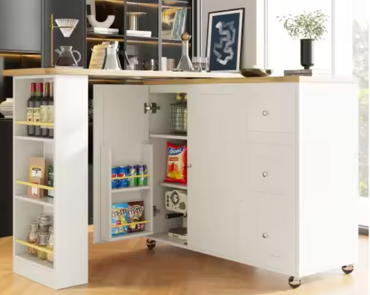 360° Draaibare Bartafel met Lades – Opbergeiland met Wielen & Snackplank