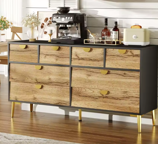 Dressoir met 8 Lades – Zwart & Houtlook, 150 cm Breed, Metalen Handgrepen