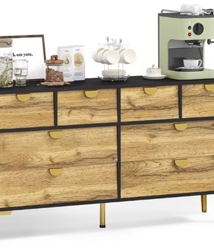 Dressoir met 8 Lades – Zwart & Houtlook, 150 cm Breed, Metalen Handgrepen