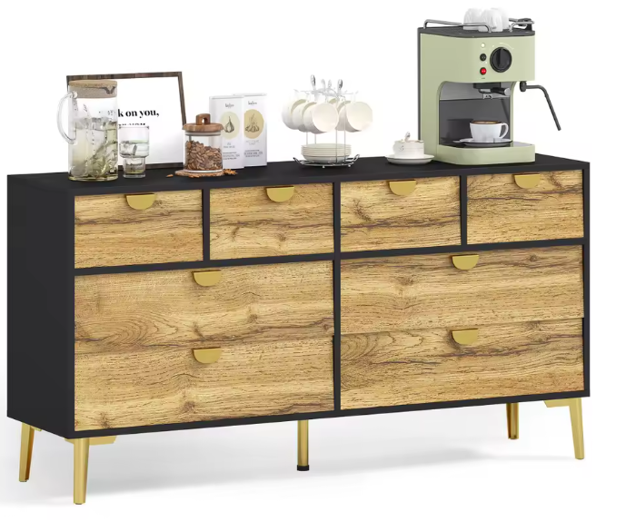 Dressoir met 8 Lades – Zwart & Houtlook, 150 cm Breed, Metalen Handgrepen