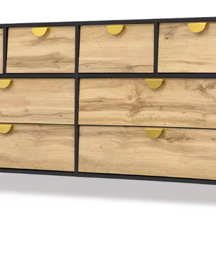 Dressoir met 8 Lades – Zwart & Houtlook, 150 cm Breed, Metalen Handgrepen