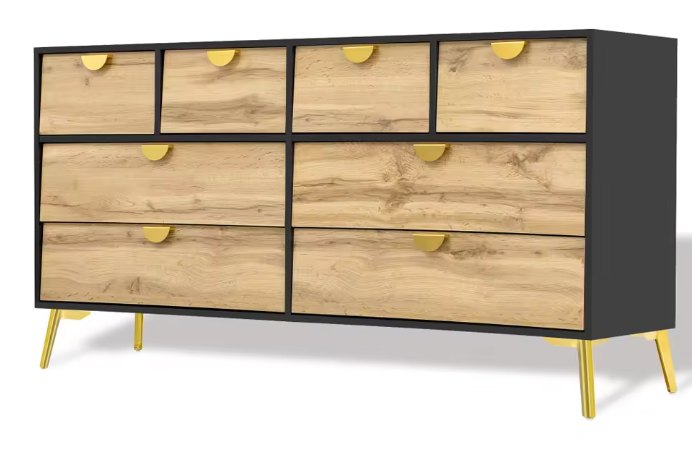 Dressoir met 8 Lades – Zwart & Houtlook, 150 cm Breed, Metalen Handgrepen