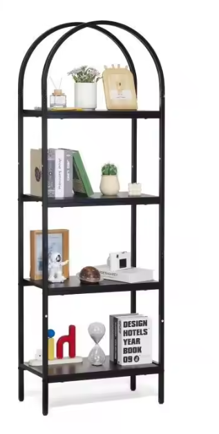 Industriële Boekenplank met 4/5 Open Planken – Metaal & MDF, Gebogen Design