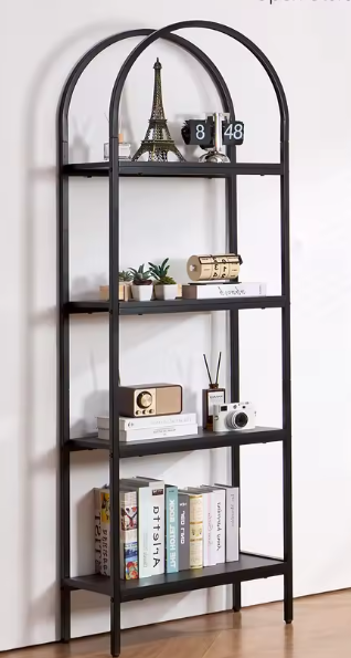 Industriële Boekenplank met 4/5 Open Planken – Metaal & MDF, Gebogen Design