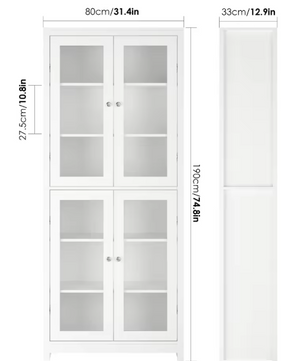 Witte Vitrinekast met 4 Glazen Deuren – 190×80×33 cm, 6 Niveaus