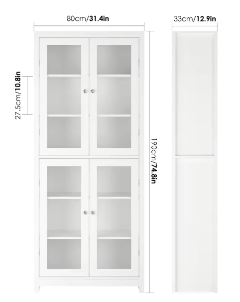 Witte Vitrinekast met 4 Glazen Deuren – 190×80×33 cm, 6 Niveaus