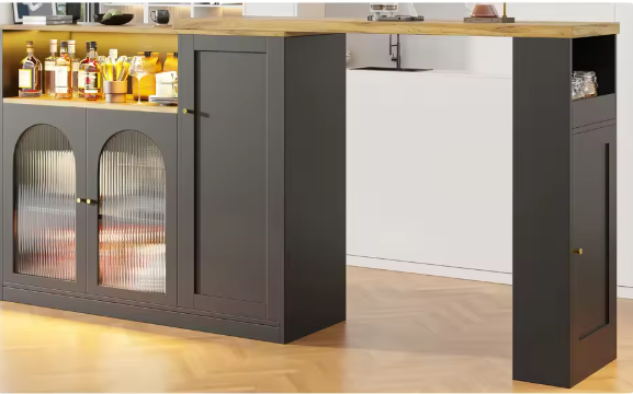 Draaibare Bartafel met Wijnkast – LED, Glasdeur & Houtnerflook