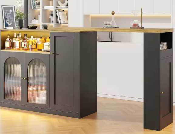 Draaibare Bartafel met Wijnkast – LED, Glasdeur & Houtnerflook