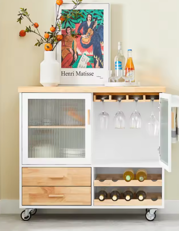 Keukentrolley met Wijnglashouder – MDF, Bamboe & Rubberhout, 109×92×40 cm