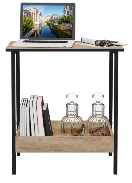 Bijzettafel met 2 Planken – Licht Eiken & Zwart, 50×55×25 cm