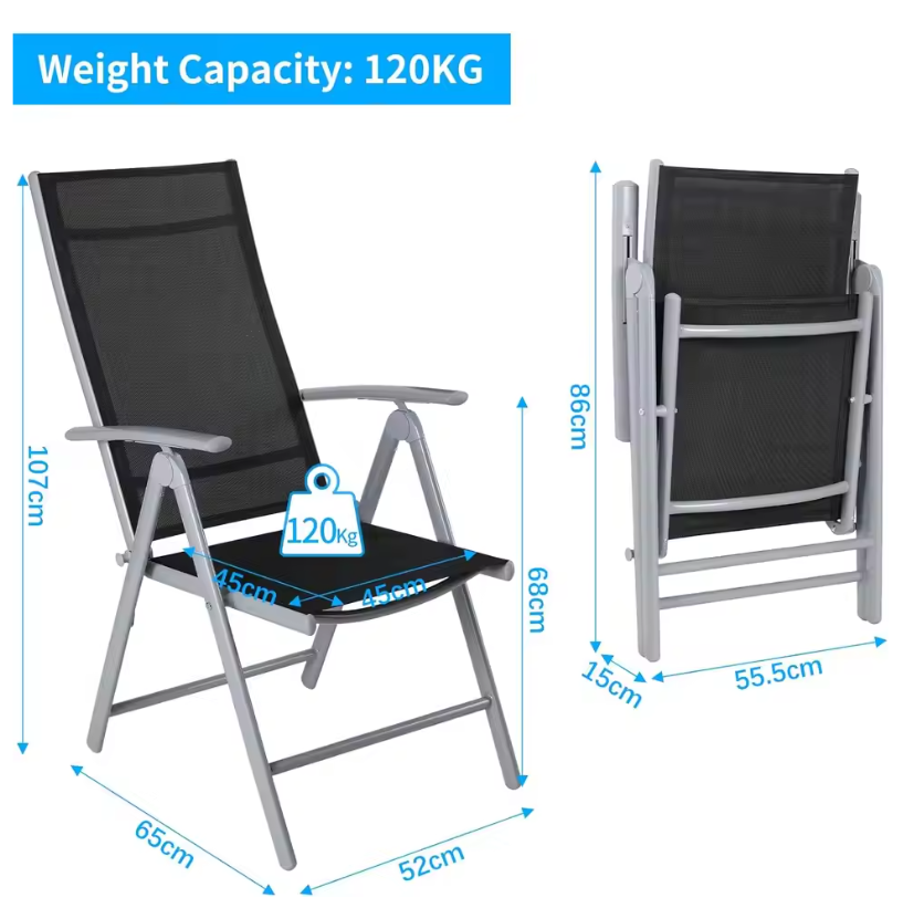 3-delige Outdoor Loungeset – Opvouwbare Aluminium Stoelen & Vierkante Tuintafel