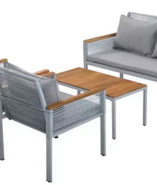 4-delige Tuinloungeset – Grijs Rotan, Tafel & Kussens Inclusief