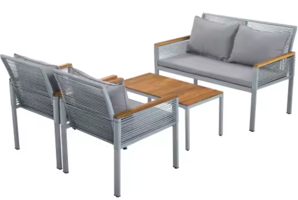 4-delige Tuinloungeset – Grijs Rotan, Tafel & Kussens Inclusief