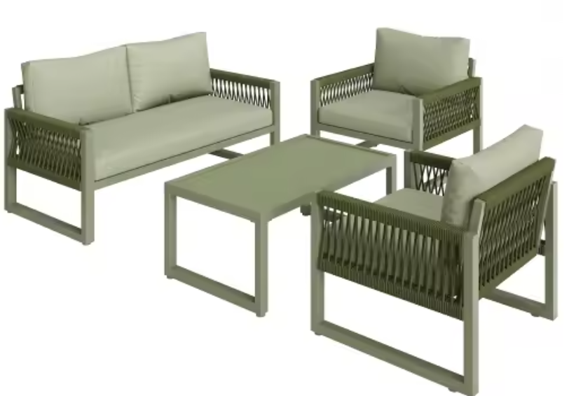 4-delige Tuinloungeset – Touwdesign & Glazen Tafel, Inclusief Kussens