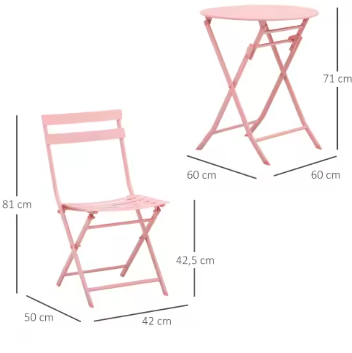 3-delige Bistroset Roze – Opvouwbare Tafel & 2 Stoelen voor Balkon of Tuin