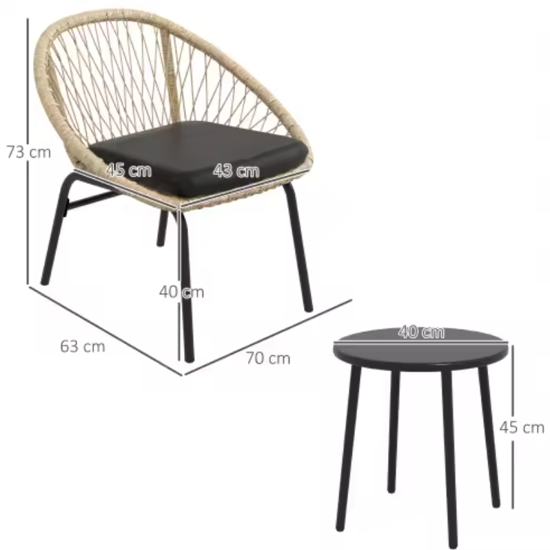 3-delige Rotan Tuinset – Stoelen met Kussens & Ronde Tafel