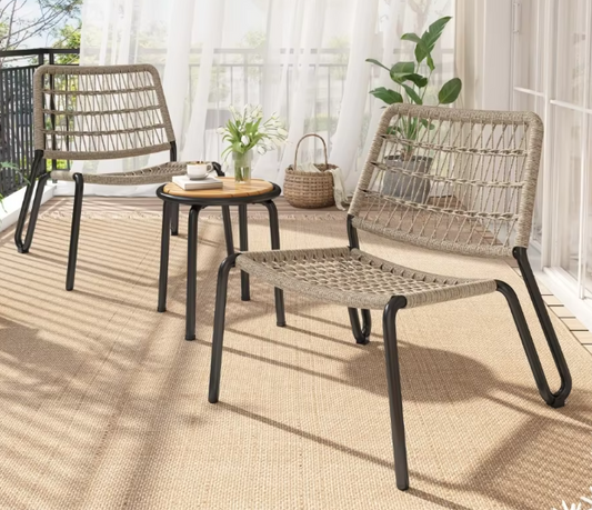 3-delige Bistroset – Gevlochten Touwstoelen & Massief Houten Tafel