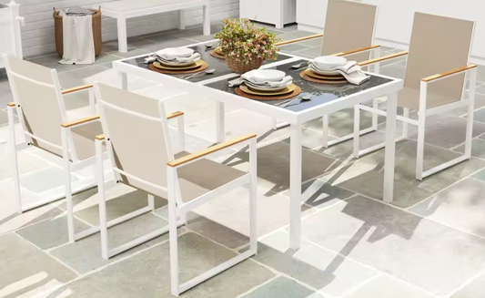 5-delige Tuinset – Tafel met Gehard Glas & 4 Comfortabele Stoelen