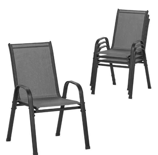 Set van 4 Stapelbare Tuinstoelen – Metalen Frame & Ademende Stof, Donkergrijs