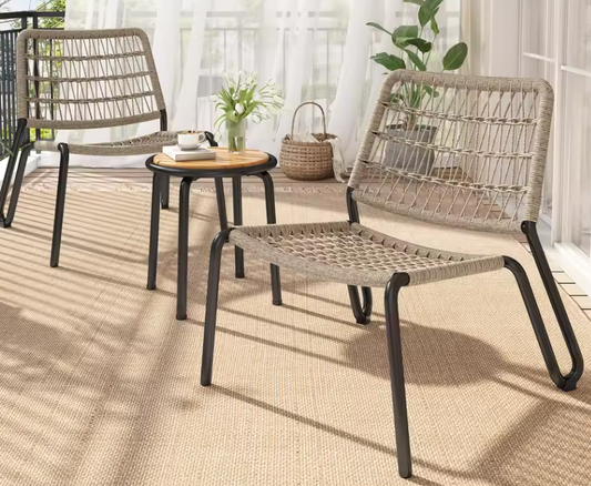 Balkonset met Handgevlochten Touw – Massief Houten Tafelblad & Ergonomische Stoelen, Weerbestendig