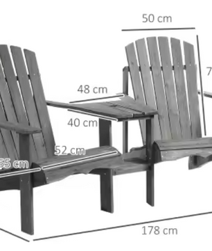 Adirondack Dubbelstoel met Tafel – Massief Hout & Parasolgat, 2-Zits voor Balkon of Tuin