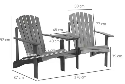 Adirondack Dubbelstoel met Tafel – Massief Hout & Parasolgat, 2-Zits voor Balkon of Tuin