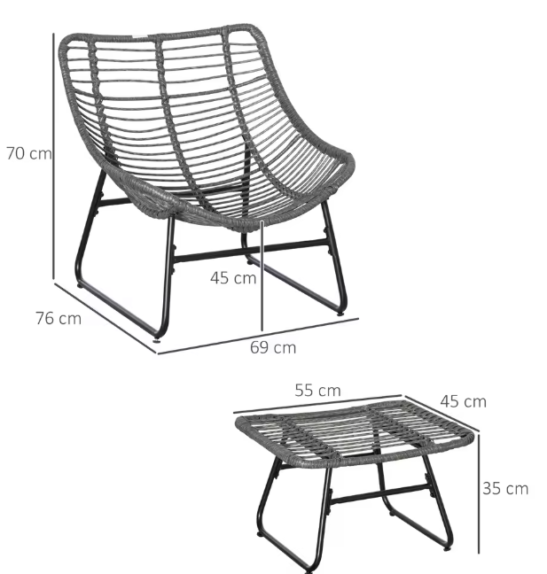 Rotan Tuinfauteuil met Kruk – Metalen Frame & Kussen