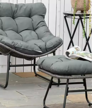 Rotan Tuinfauteuil met Kruk – Metalen Frame & Kussen
