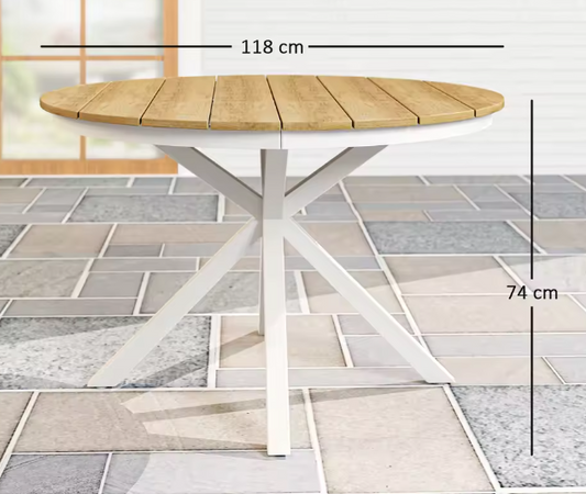 Ronde Tuintafel Ø118 cm – Aluminium & Teaklook, Voor Buiten